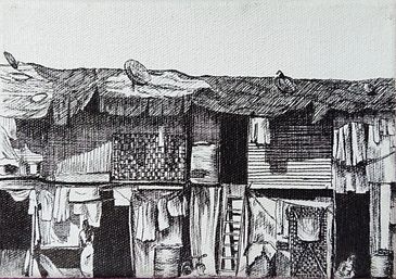 Black and white sketch of a rustic house with laundry hanging outside.