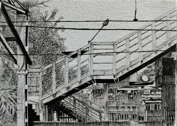 Intricate pen drawing of an urban bridge with detailed railings and surrounding buildings.