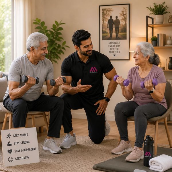 Senior couple lifting dumbbells with a trainer encouraging them indoors.