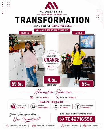 Before and after weight loss transformation of Akansha Sharma, losing 4.5 kg.
