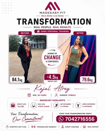 Before and after weight loss transformation of Kajal Atrey, showing a 4.5 kg weight loss.