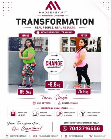 Before and after fitness transformation showing weight loss and improved confidence.