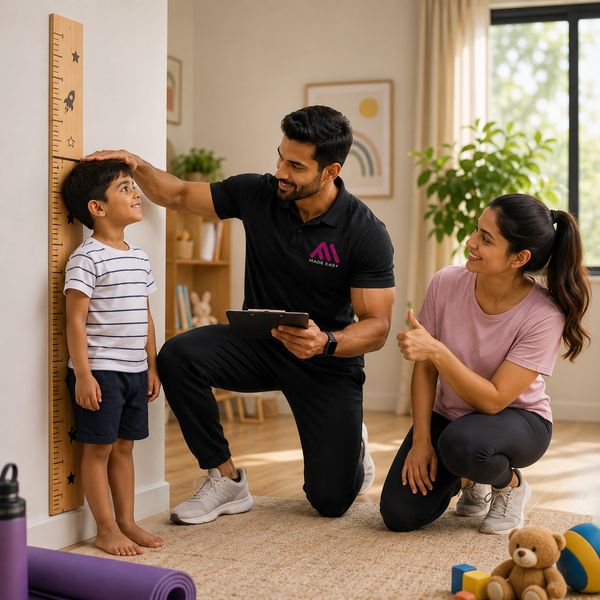 A man measures a boy's height while a woman gives a thumbs-up indoors.