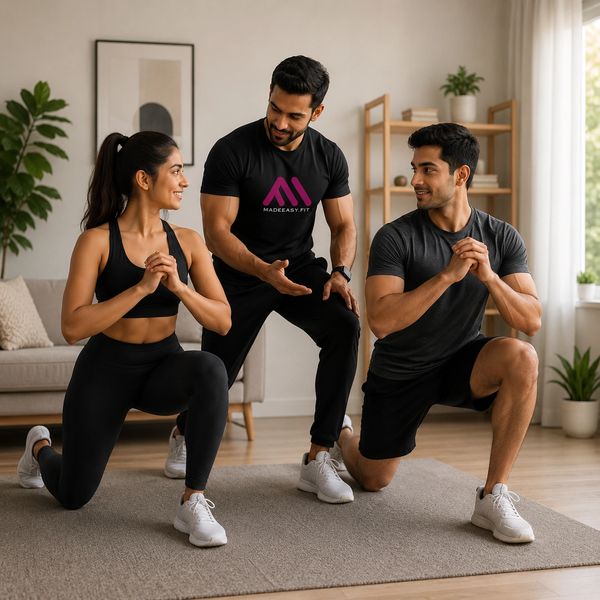A fitness coach guiding a man and woman doing lunges indoors.