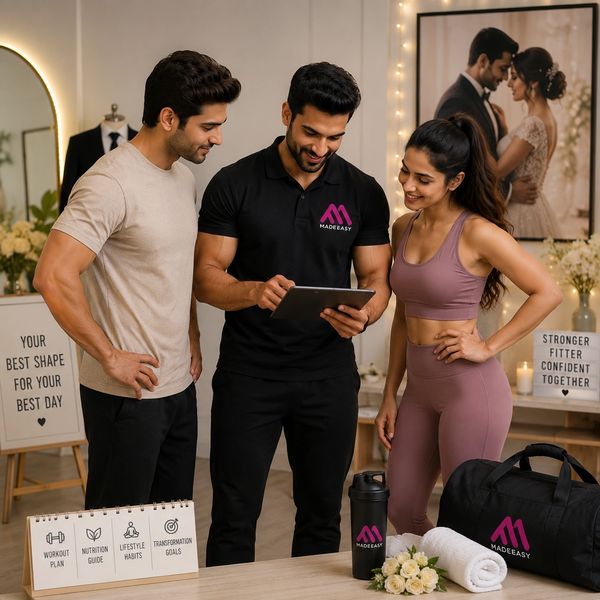 Fitness coach advising a couple with workout plans and lifestyle tips.