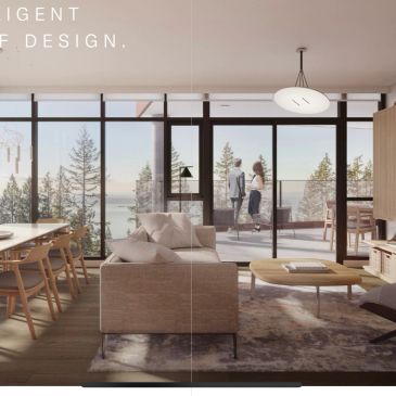 Modern living room with large glass doors overlooking a scenic outdoor view.