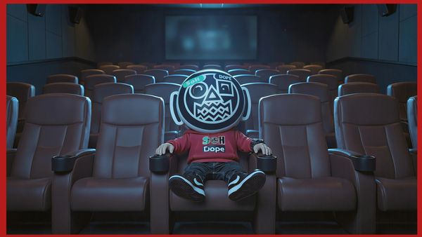 Figure with a large cartoon monkey head sitting alone in a theater.
