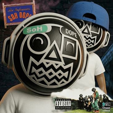 A stylized figure with a geometric mask and headphones, blending art and music.