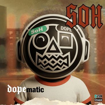 Stylized character with a geometric face and headphones on a blurred city background.