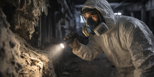 Asbestos survey being conducted by a person in a tyvek suit and mask