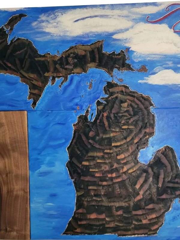 Michigan Turkey Feather Wall Art on Canvas | Rustic Walnut Live Edge Frame