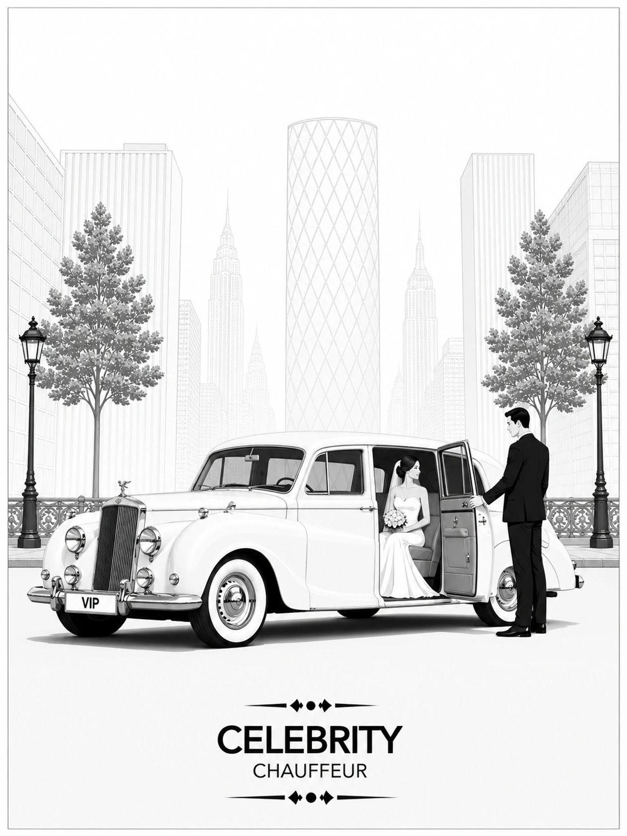 Groom opening car door for bride in luxury city setting.