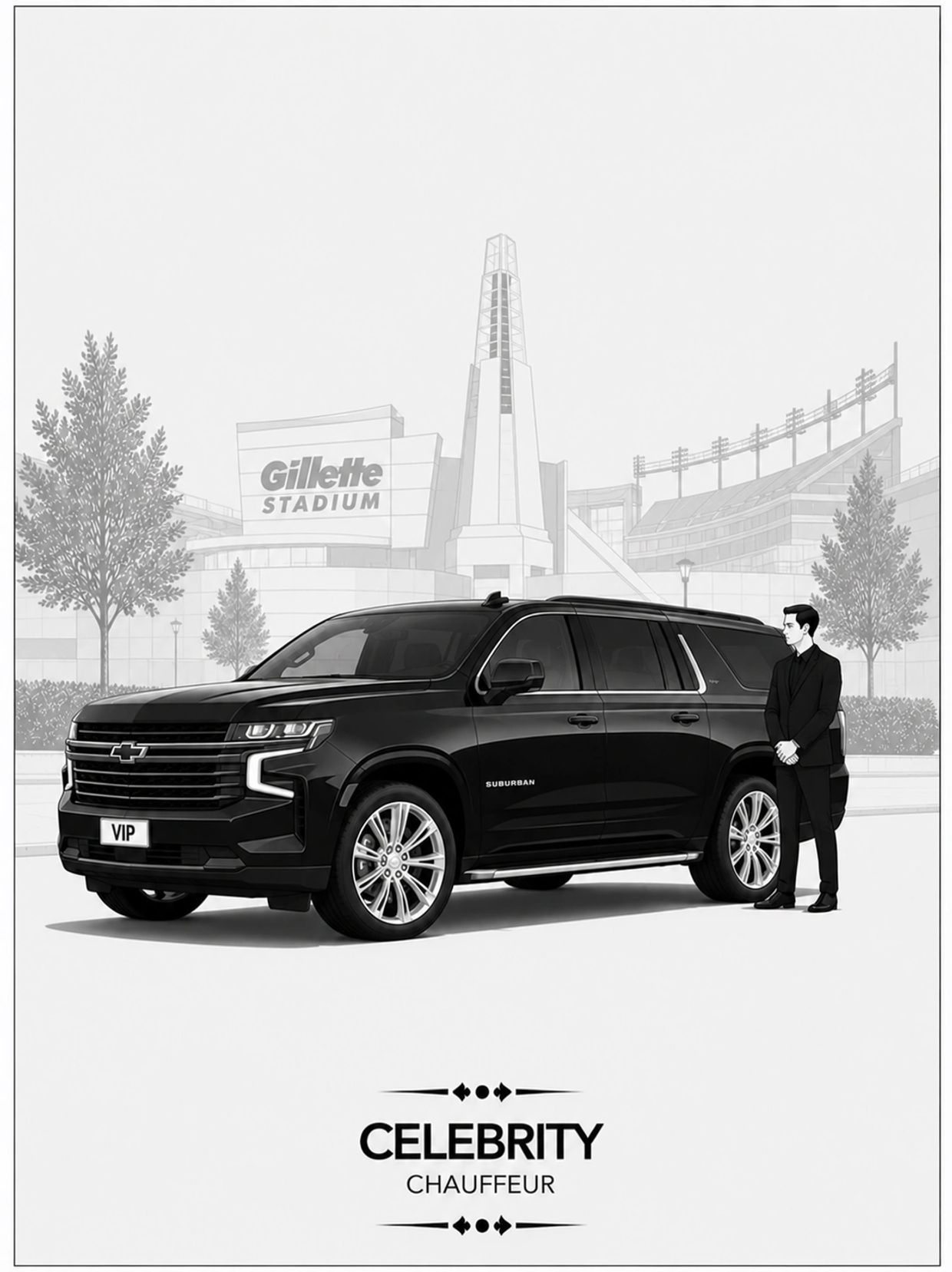 Black Suburban with chauffeur at Gillette Stadium.