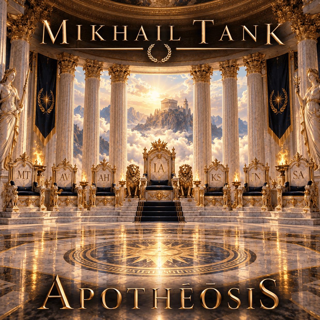 Grand golden throne room with majestic columns and statues under "Mikhail Tank" and "Apothéosis" text.