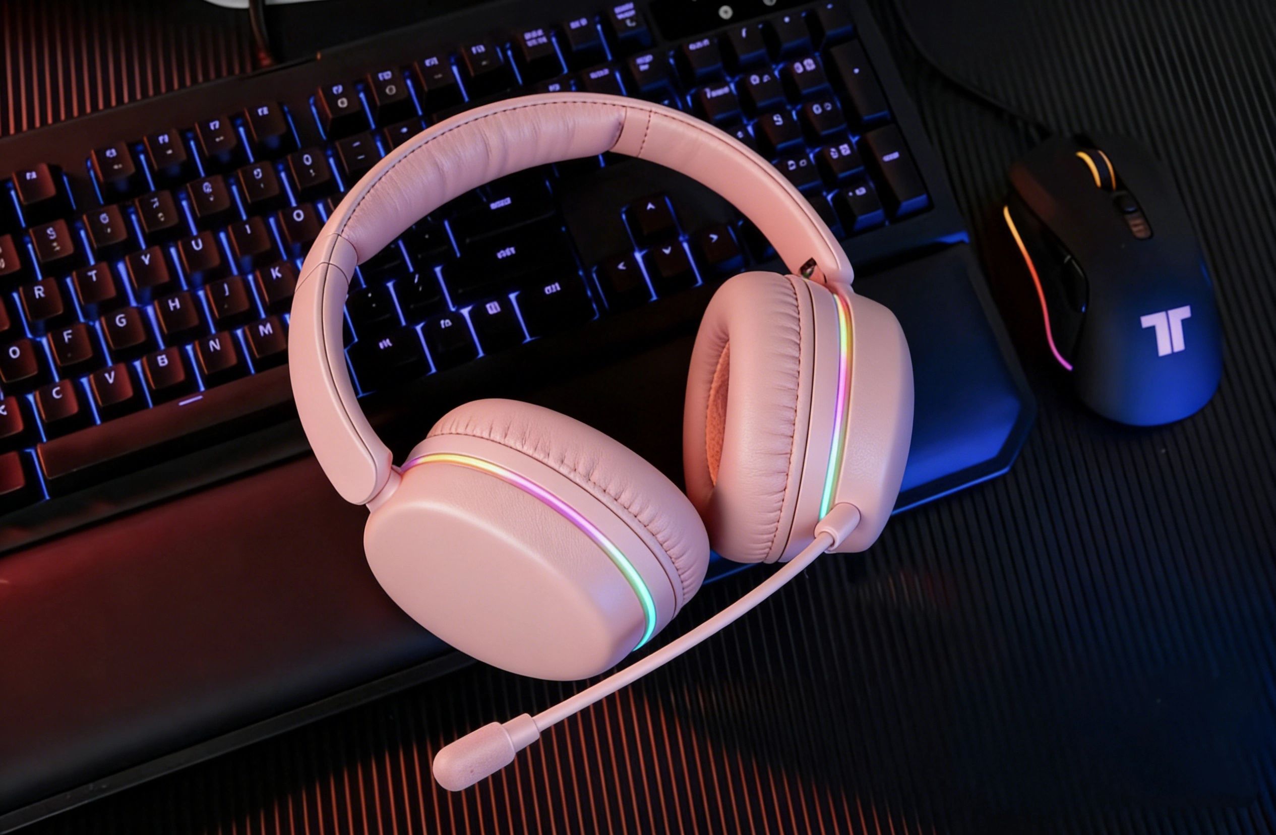 Pink gaming headset with rainbow lights on a keyboard and mouse setup.