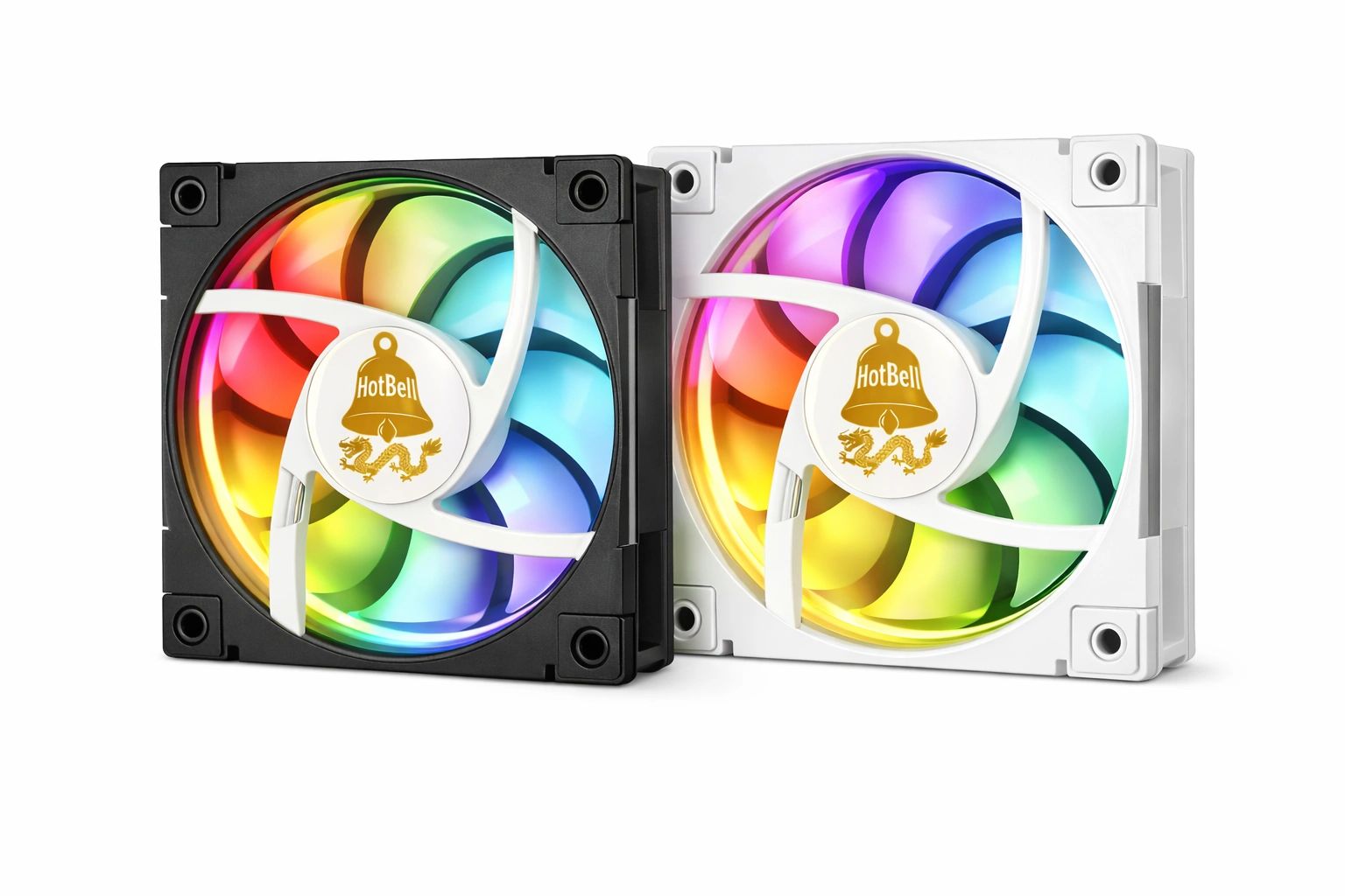 Two RGB computer cooling fans, one black and one white, with colorful LED lights.