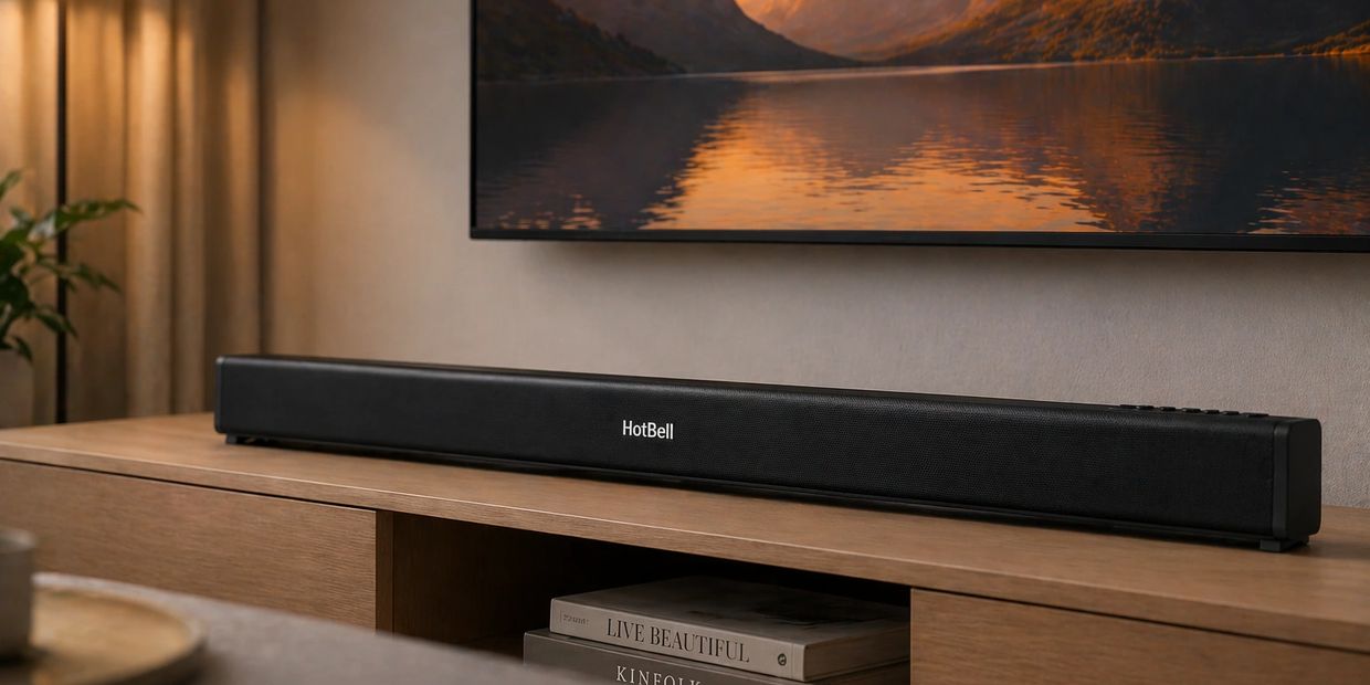 A sleek HotBell soundbar on a wooden TV console beneath a mounted TV.