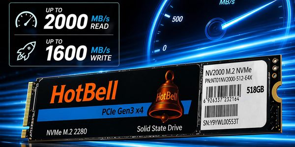 HotBell NVMe SSD with up to 2000 MB/s read and 1600 MB/s write speeds.