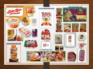 Collage of various Mexican food products and brand logos on a wooden table.