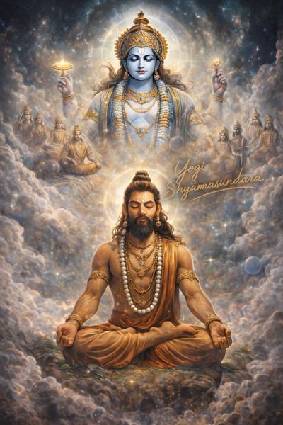 A meditating yogi surrounded by divine cosmic figures in the clouds.