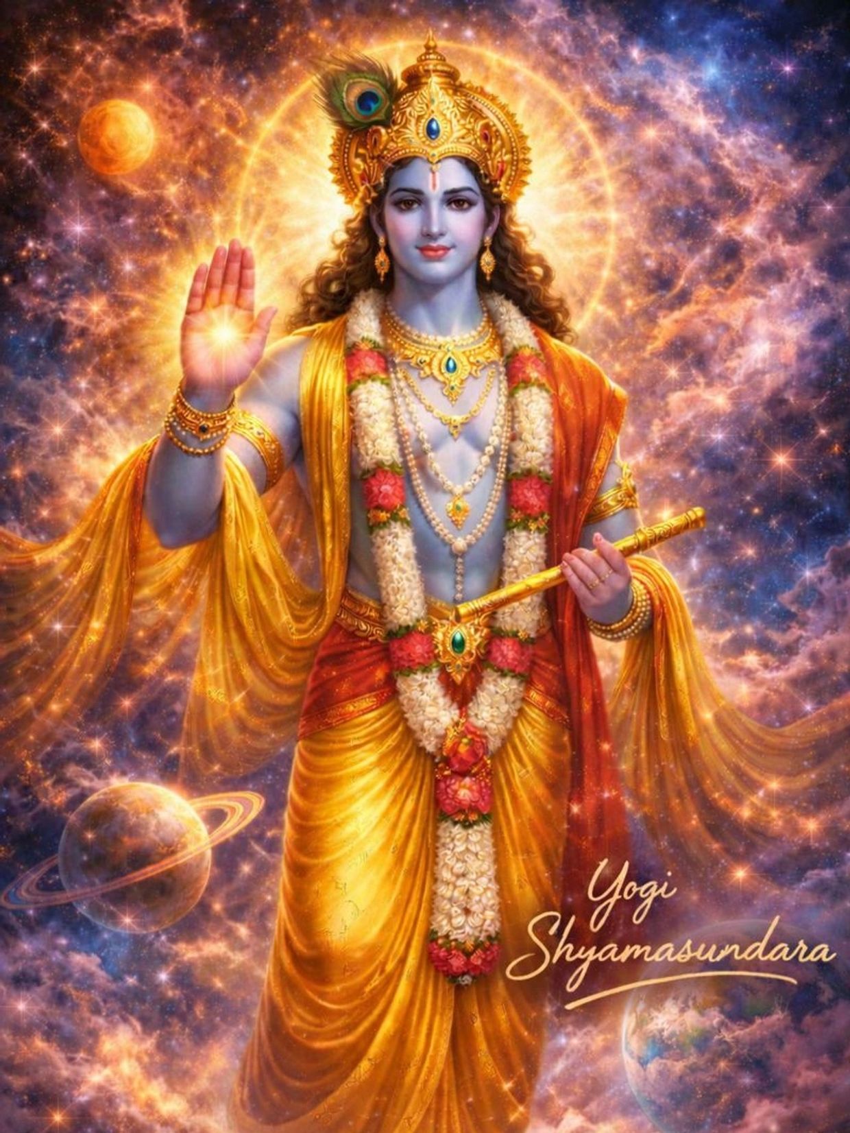 Divine depiction of Yogi Shyamasundara with cosmic backdrop and golden attire.
