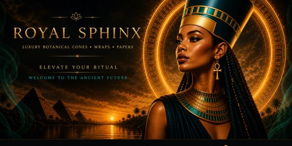 Regal woman with Egyptian-inspired attire near pyramids at sunset.