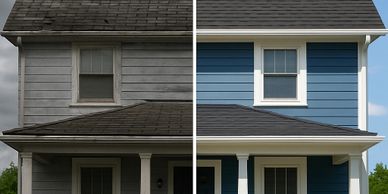 Side-by-side of a house before and after renovation showing dramatic improvement.