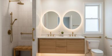 Modern bathroom with gold fixtures and a double vanity with circular mirrors.