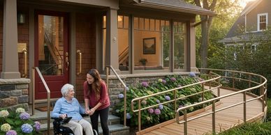 A woman helps an elderly lady in a wheelchair outside a house with a wooden ramp.