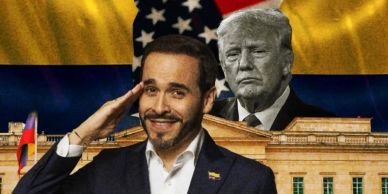 A man salutes with flags and images of Trump and a building in the background.