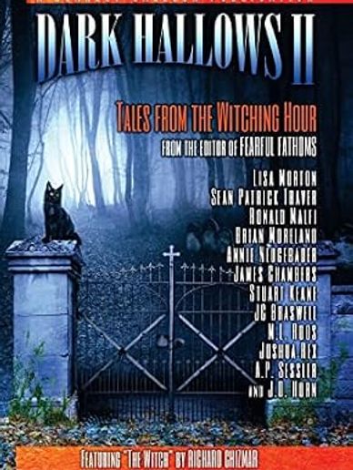 Dark Hallows II book cover with eerie gate and black cat in a foggy forest.