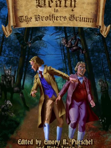 Two frightened men in old-fashioned clothes walk through a dark forest with lurking creatures.