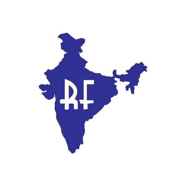 Blue map of India with stylized RF initials inside.