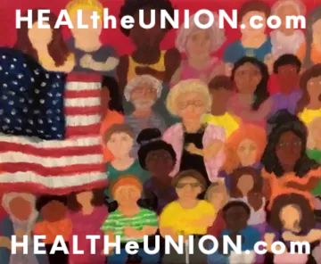 Diverse crowd with American flag promoting HEALtheUNION.com.