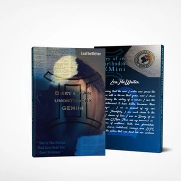 Book titled 'Diary of an Unorthodox Gemini' by LeaTheWriter with shadowed figure on cover.