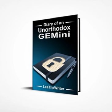 Book cover of 'Diary of an Unorthodox Gemini' by LeaTheWriter with a locked diary and pen.