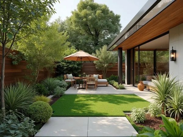 Modern backyard with lush greenery and cozy outdoor seating under an umbrella.