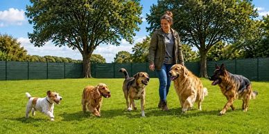 Woman walking five dogs in a sunny park.