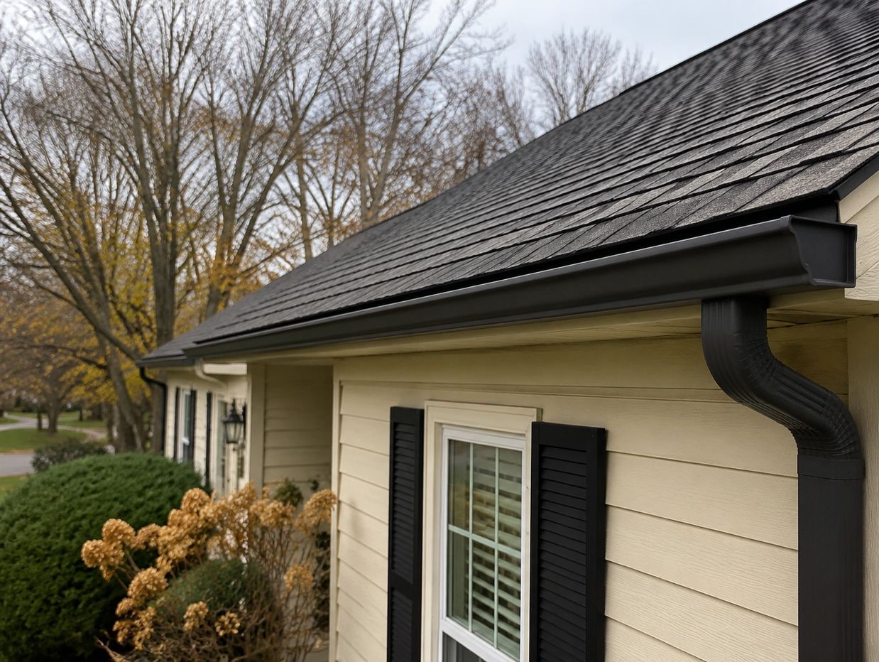 Close-up of house roof with gutters and window.