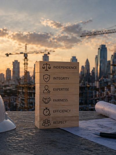 Wooden blocks with core values against a city skyline at sunset.