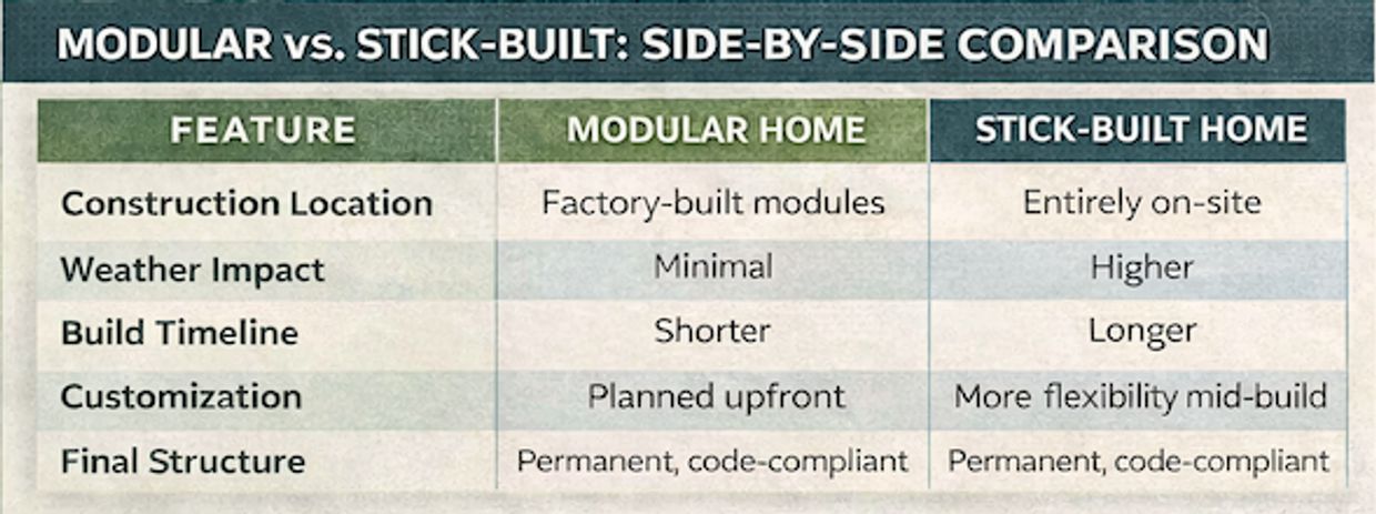 Chart explaining the differences between stick build homes and modular homes.