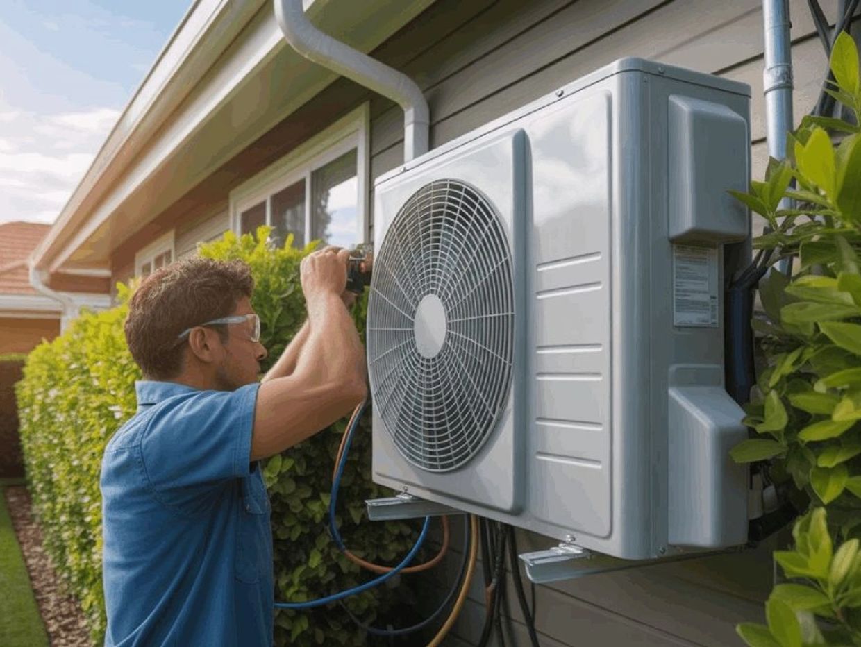 Technician servicing an outdoor air conditioning unit on a house.
