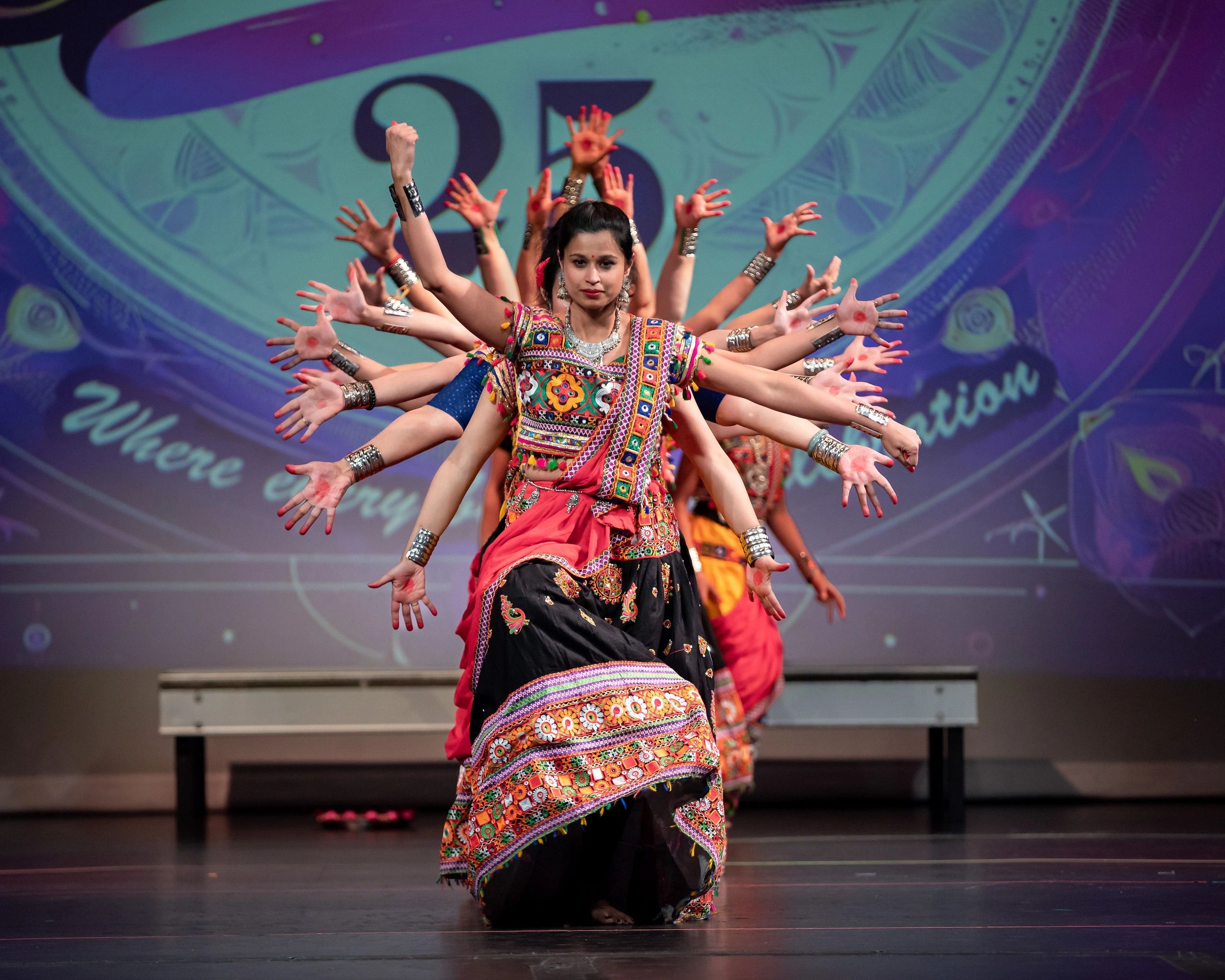 Indian classical dancers create a stunning visual with synchronized hand gestures.