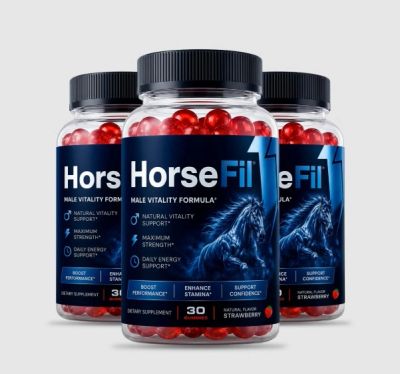 Bottles of HorseFill male vitality supplement with red capsules.