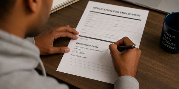 Person filling out employment application form at desk.