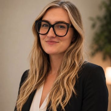 Smiling woman with glasses and blonde hair in professional attire.