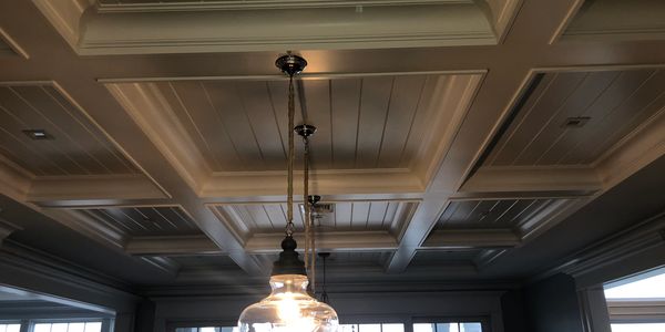 Coffered ceiling with bead board  inlay.