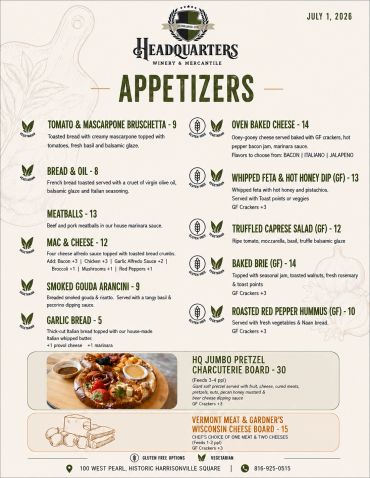 Appetizer menu featuring various dips, breads, and cheeses.
