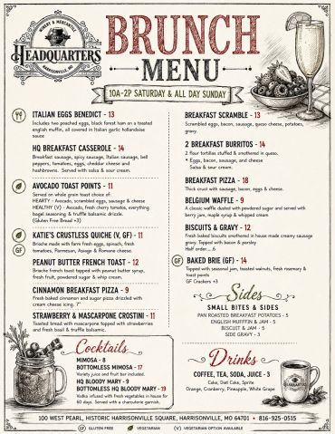 Brunch menu with various breakfast dishes and drinks.