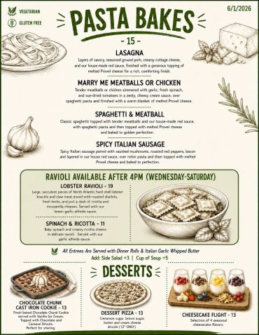 Menu displaying pasta bakes, lobster ravioli, and desserts.
